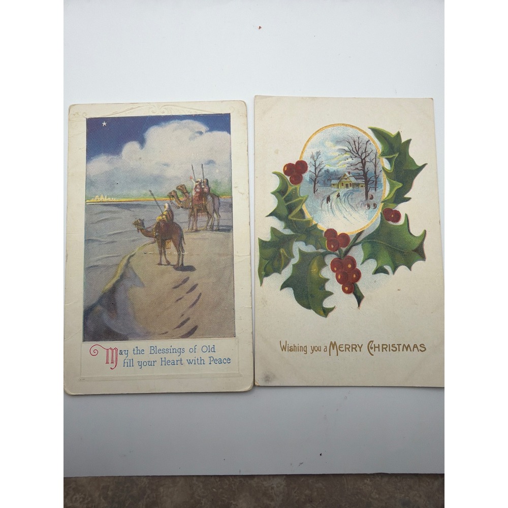 Vintage Christmas Postcards Set of 2 Wise Men Desert & Holly Winter Scene Unused
